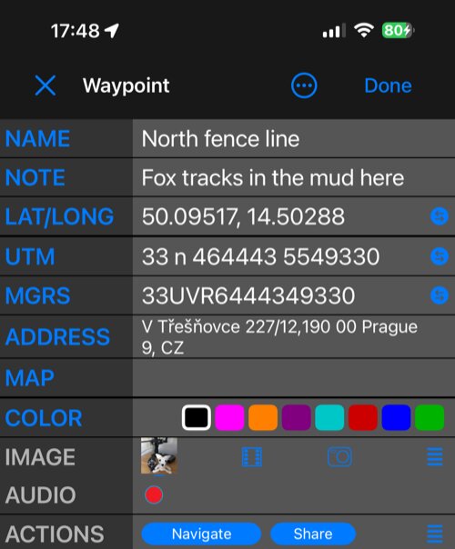 The waypoint editor in Simple view: NAME, NOTE, LAT/LONG, UTM, MGRS, ADDRESS, MAP, COLOR, IMAGE, AUDIO, ACTIONS and FOLDER, one row each