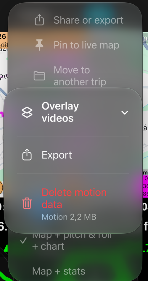 The Overlay videos submenu: Export, and Delete motion data with its size