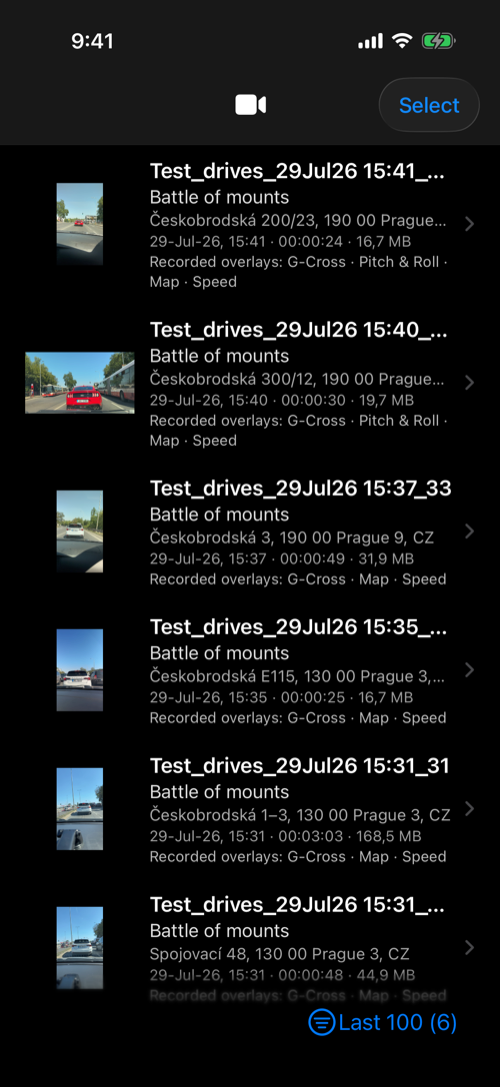 Videos library with saved recordings, thumbnails, metadata, and recorded overlays