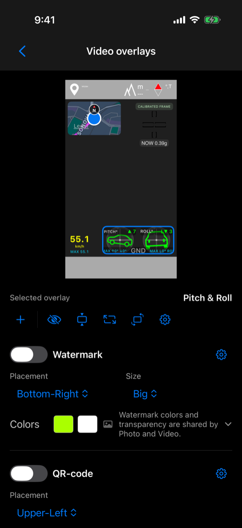 Video overlay editor with Map at top left, G-Cross at top right, Speed at bottom left, and Pitch & Roll at bottom right