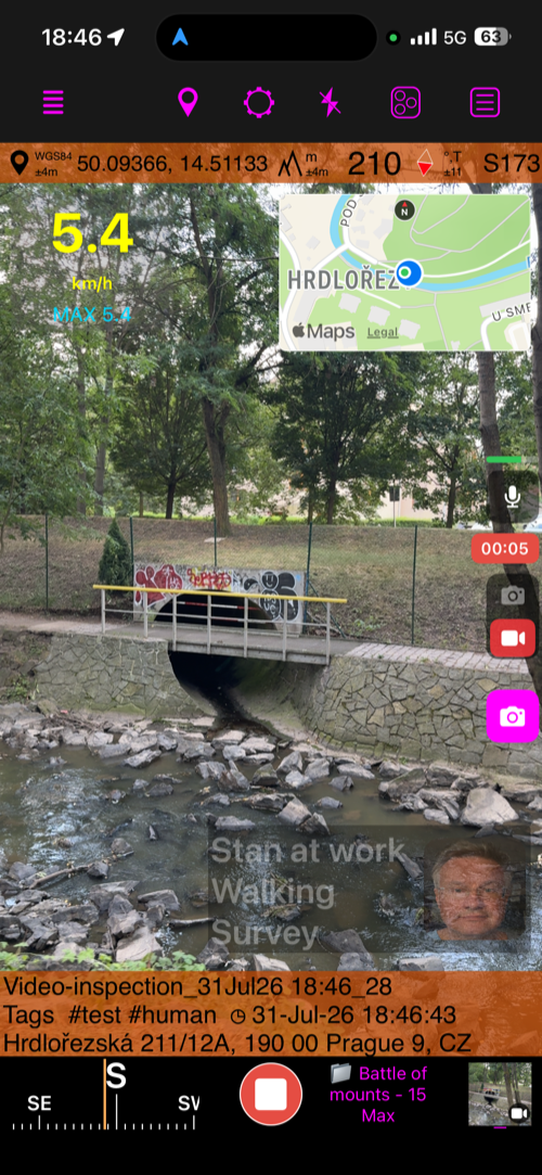 Active video recording at 00:19 with the Stop button, microphone, take-photo control, five-minute Loop indicator, Map, Speed, G-Cross, and Watermark
