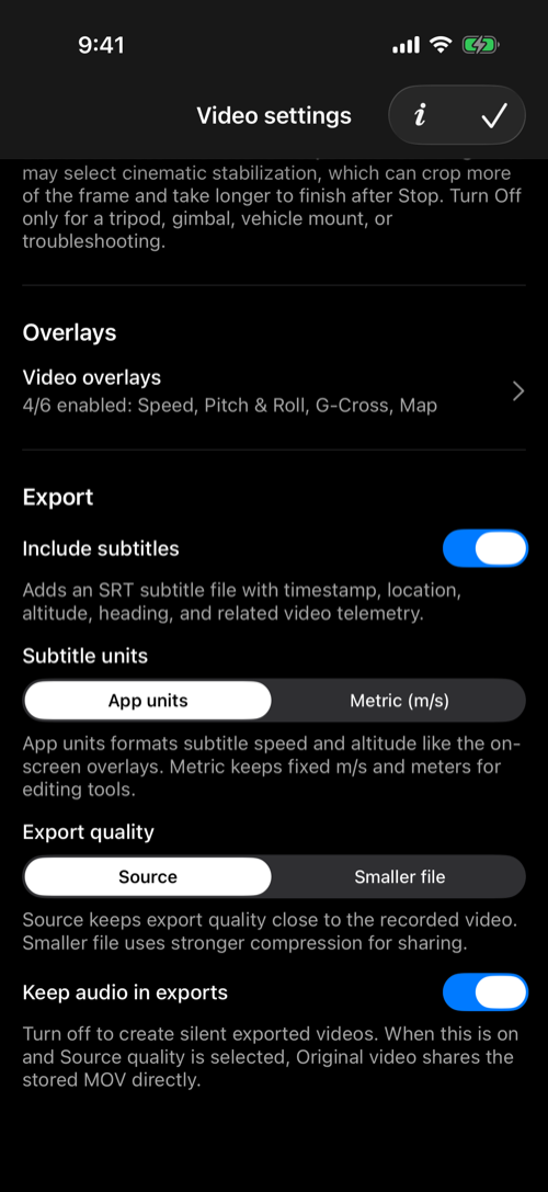 Video overlay entry and export settings for subtitles, quality, and audio