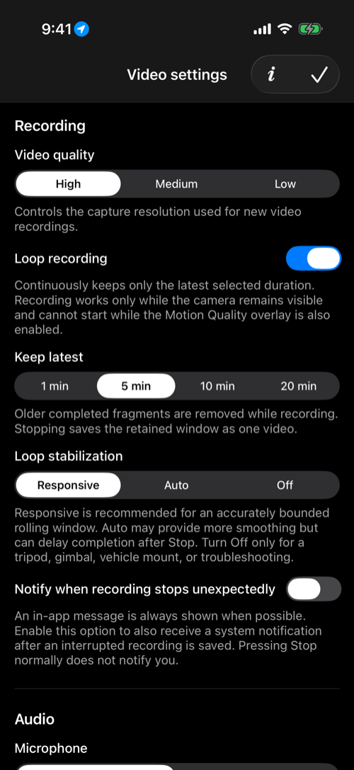 Video settings with High quality and a five-minute responsive Loop recording window