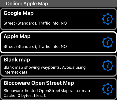 The Maps list with Google Map, Apple Map, Blank map and Blocoware Open Street Map, which shows its cached size and tile count