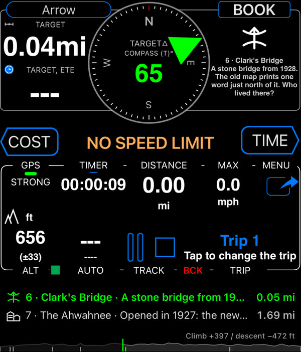 Speedometer running the full loop near Clark’s Bridge: the compass arrow pointing at station 6 with its symbol and riddle in the BOOK panel, the dashboard below, and the next notes with their distances over the route’s elevation