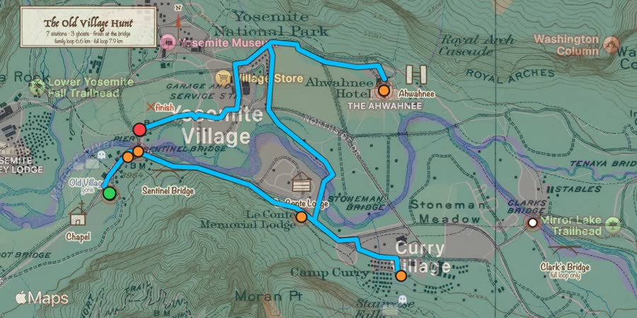 The book&rsquo;s thumbnail, made from the book: the family loop in blue over Apple Map with the 1929 map and the treasure-hunt drawing laid over the valley, the stations as orange dots, start in green and finish in red