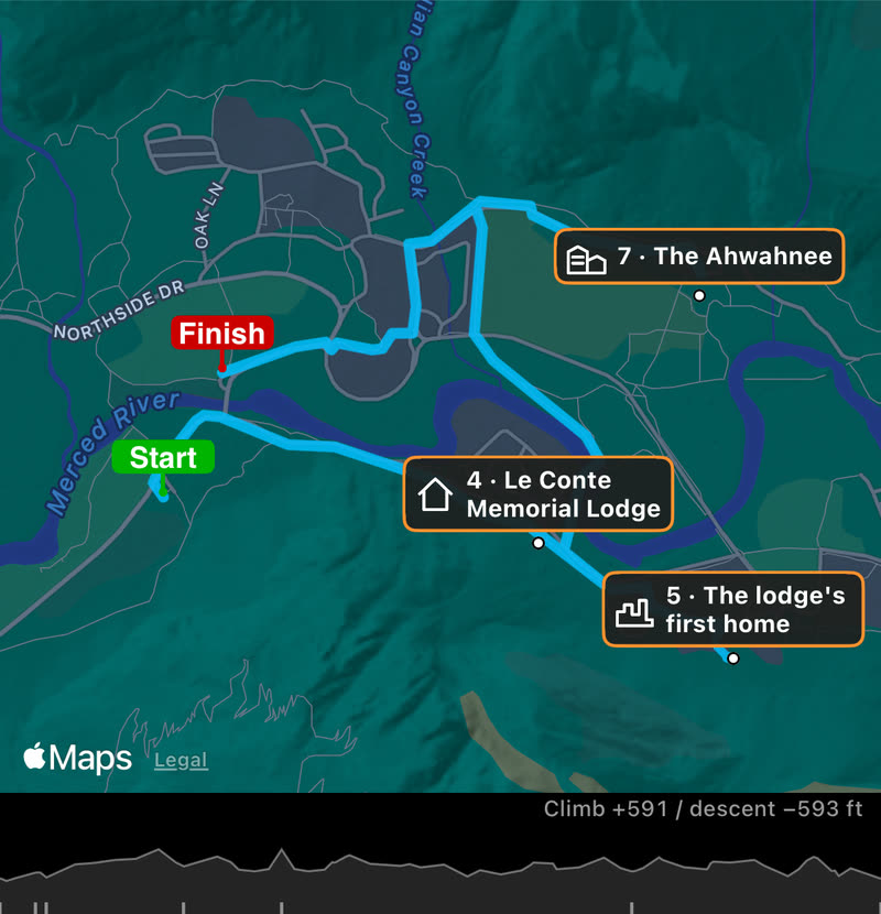 The book&rsquo;s route screen: the loop through Yosemite Village on the map with Start, Finish and numbered stations, the climb and descent over the elevation profile, and the course notes with their distances and riddles