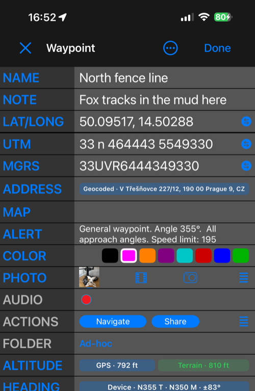 The waypoint editor in Advanced view, with Altitude, Heading and Course at the bottom of the list