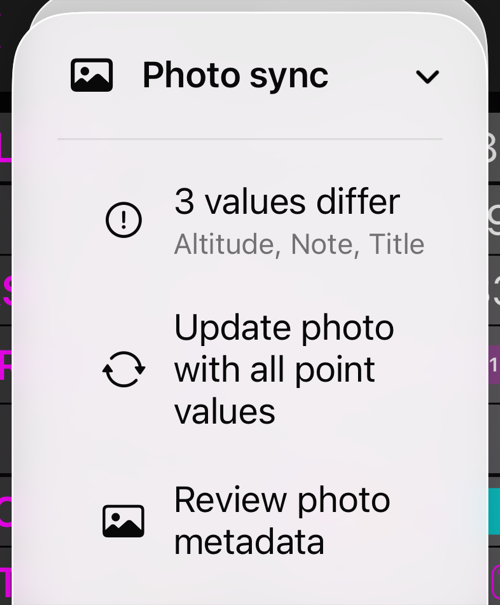 The Photo sync menu: a status line reading 3 values differ, Update photo with all waypoint values, and Review photo metadata