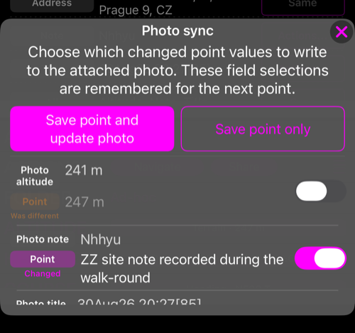 The save-time Photo sync sheet: Save waypoint and update photo, Save waypoint only, and one row per field showing the photo&rsquo;s value above the waypoint&rsquo;s, each with a switch