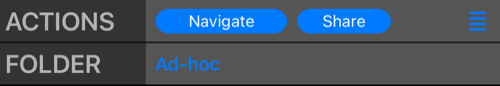 The ACTIONS row with Navigate, Share and its options button, and the FOLDER row naming the collection