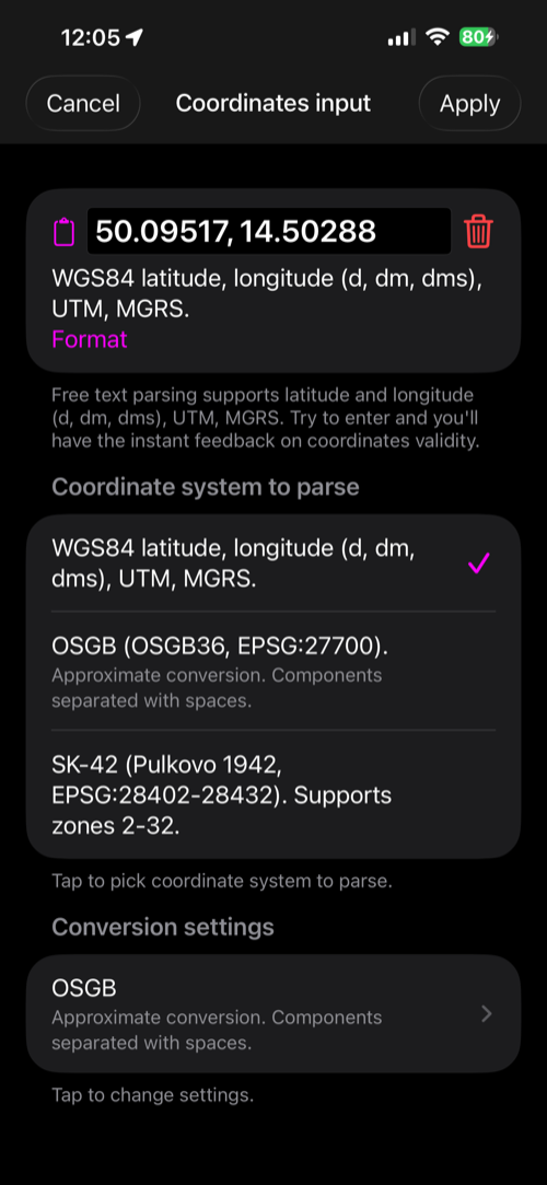 The coordinates converter opened from the waypoint editor, with the waypoint&rsquo;s latitude and longitude in the input field, the parser&rsquo;s format list, and Cancel and Apply in the bar