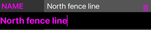 The NAME row opened for editing, the name repeated in an editable field below it, and a bin button on the row