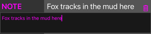 The NOTE row opened for editing, with the note in a multi-line field below it and a bin button on the row