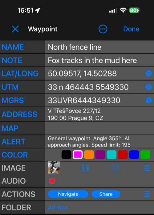 The waypoint editor in Simple view: NAME, NOTE, LAT/LONG, UTM, MGRS, ADDRESS, MAP, ALERT, COLOR, IMAGE, AUDIO, ACTIONS and FOLDER, one row each
