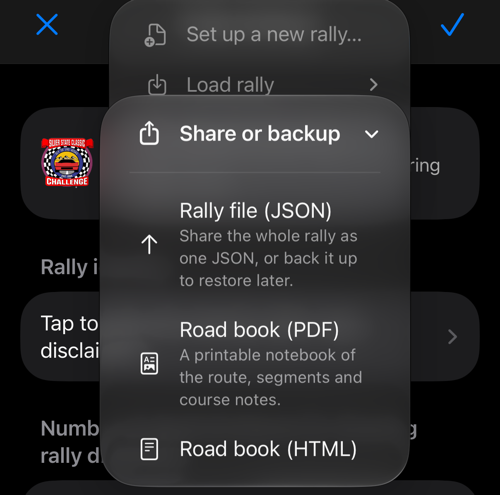 Share or backup menu with JSON, PDF and HTML choices