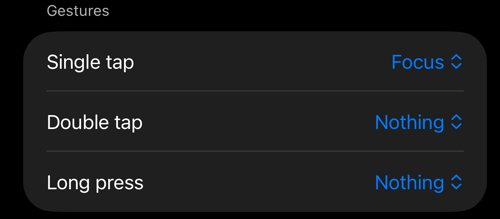 Viewfinder controls settings: the Gestures section with Single tap, Double tap and Long press