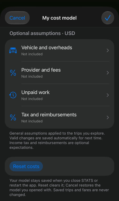My cost model: Vehicle and overheads, Provider and fees, Unpaid work, and Tax and reimbursements, all Not included yet