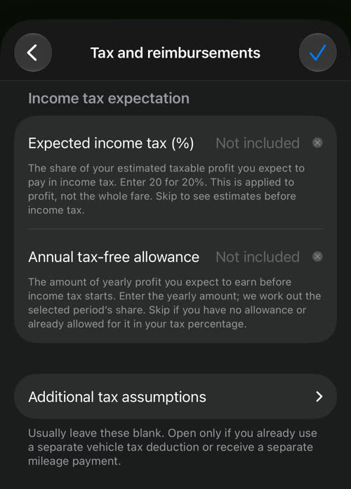 Tax and reimbursements: expected income tax, annual tax-free allowance and the Additional tax assumptions button
