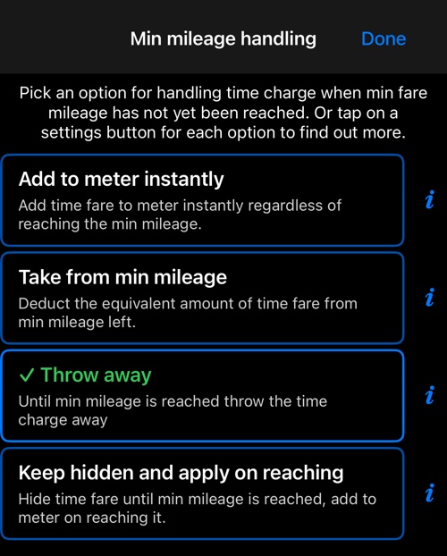 The four options for the time charge before the included mileage is reached