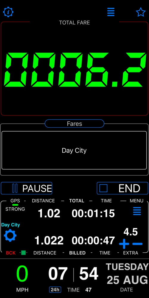 The dashboard in this mode, with the meter running