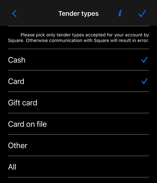 The tender types screen