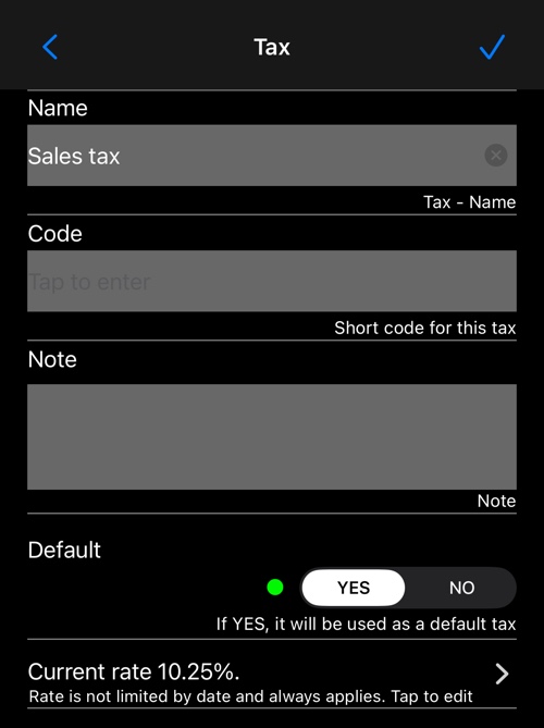 The tax editor: name, code, note, the default switch and the current rate