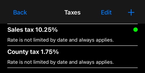 The list of taxes, each with its rate, the default marked by a green dot