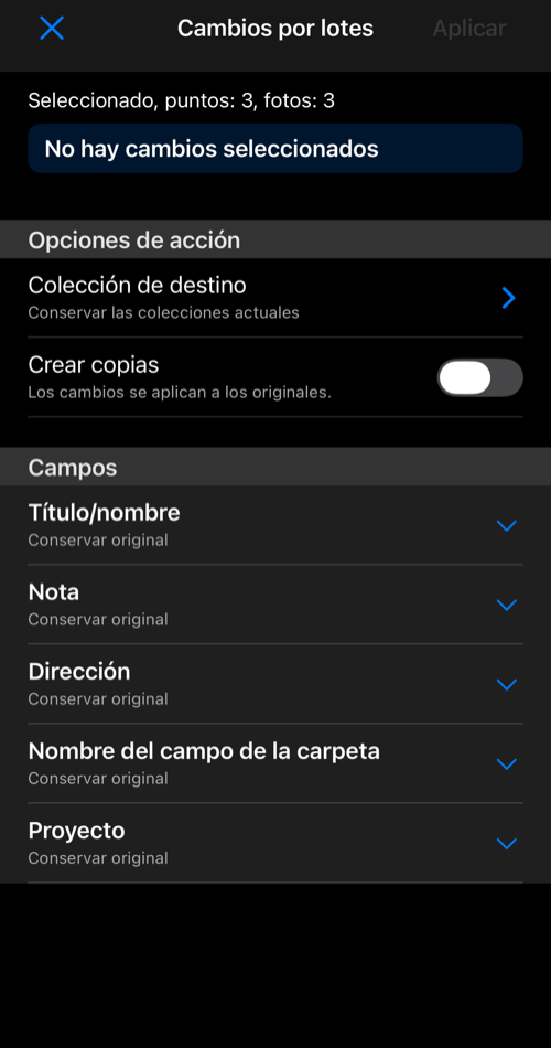 Pantalla de cambios por lotes con cantidad de puntos y fotos, opciones de acción y campos contraídos