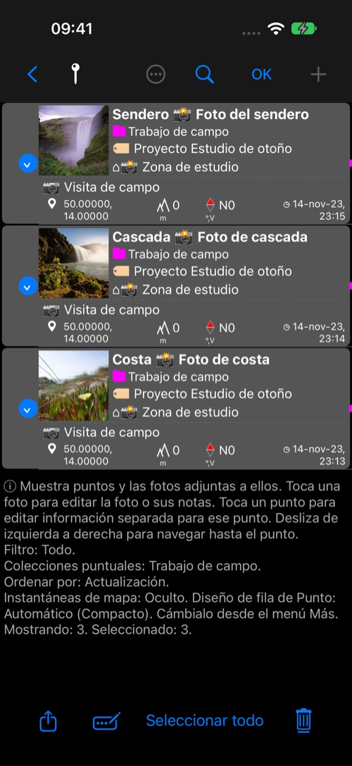 Tres puntos con fotos seleccionados en la lista; una flecha señala Modificar selección en la barra inferior