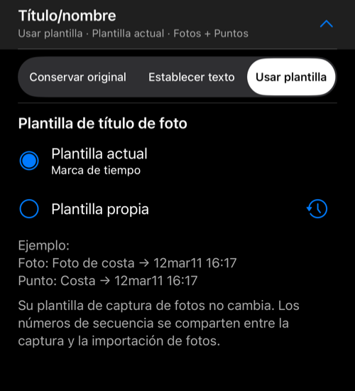 Título/nombre desplegado con Usar plantilla, plantillas actual y propia, y un título de ejemplo