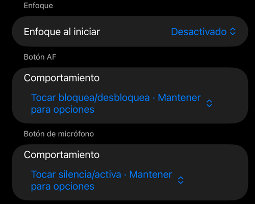 Las secciones «Enfoque», «Botón AF» y «Botón de micrófono» en los ajustes de controles del visor