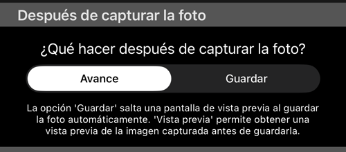La sección «Después de capturar la foto» con avance y guardar, y la explicación debajo