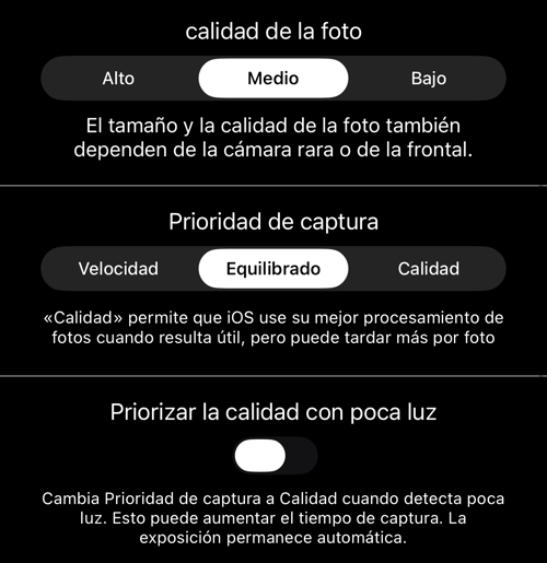 Calidad de la foto, prioridad de captura y el interruptor para poca luz
