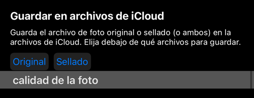 La fila «Guardar en iCloud Files» con su propia elección entre Original y sellado