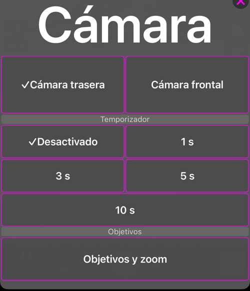 El menú de cámara: la sección «Cámara» con «Cámara trasera» y «Cámara frontal», la sección «Temporizador» con «Desactivado», 1 s, 3 s, 5 s y 10 s, y la sección «Objetivos» con «Objetivos y zoom»