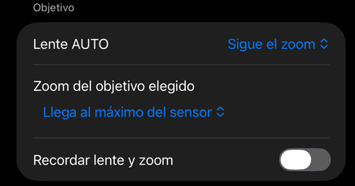 La sección «Objetivo» en los ajustes de controles del visor: «Lente AUTO», «Zoom del objetivo elegido» y «Recordar lente y zoom»