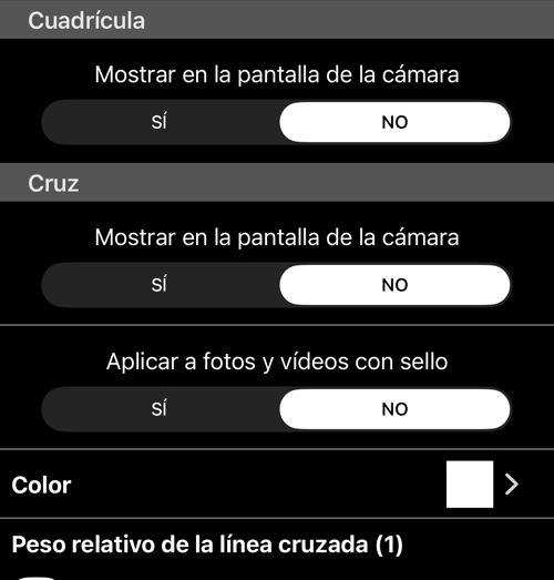 Las secciones Cuadrícula y Cruz: mostrar en la pantalla de la cámara, aplicar a fotos y vídeos sellados, color y grosor de línea