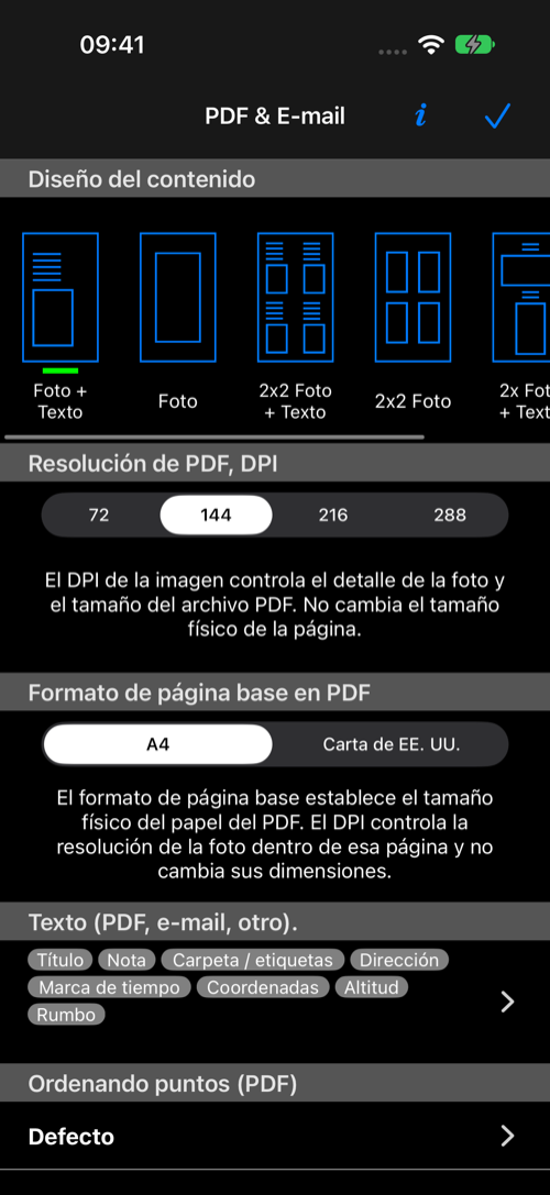 Ajustes de PDF y correo con diseños, DPI, papel, campos de texto y orden de los puntos