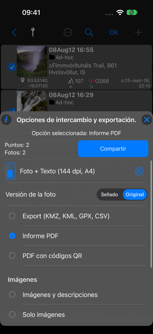 Opción de informe PDF con vista previa, papel, DPI y botón de ajustes