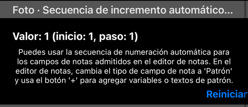 Secuencia de numeración del título: el valor actual y el botón Restablecer