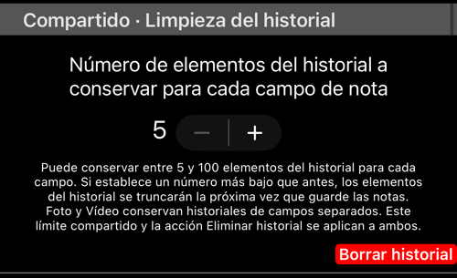 Limpieza del historial compartida: cuántos elementos se guardan por campo y Eliminar historial