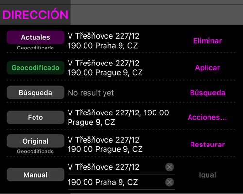 La sección Dirección desplegada: Actual, Geocodificada con Buscar, Búsqueda, Foto y dos líneas manuales de dirección