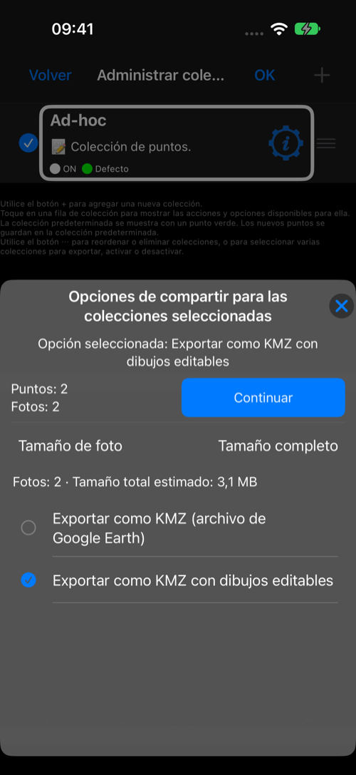 Colección seleccionada para exportar KMZ con dibujos editables