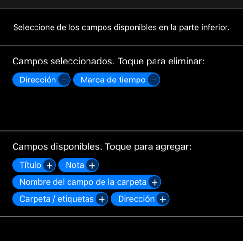Editor actual de una línea con los campos seleccionados y disponibles