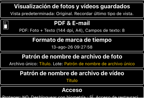 Filas actuales para el formato de marca de tiempo y los patrones de nombres de archivo