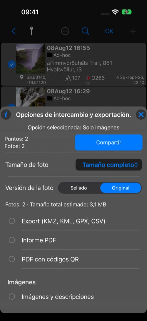 Dos puntos con fotos seleccionados y tamaño estimado