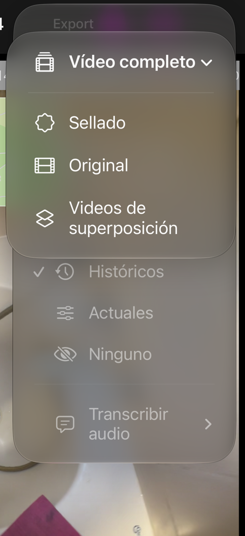 El menú «Vídeo completo» de una grabación guardada, con «Sellado», «Original» y «Videos de superposición»