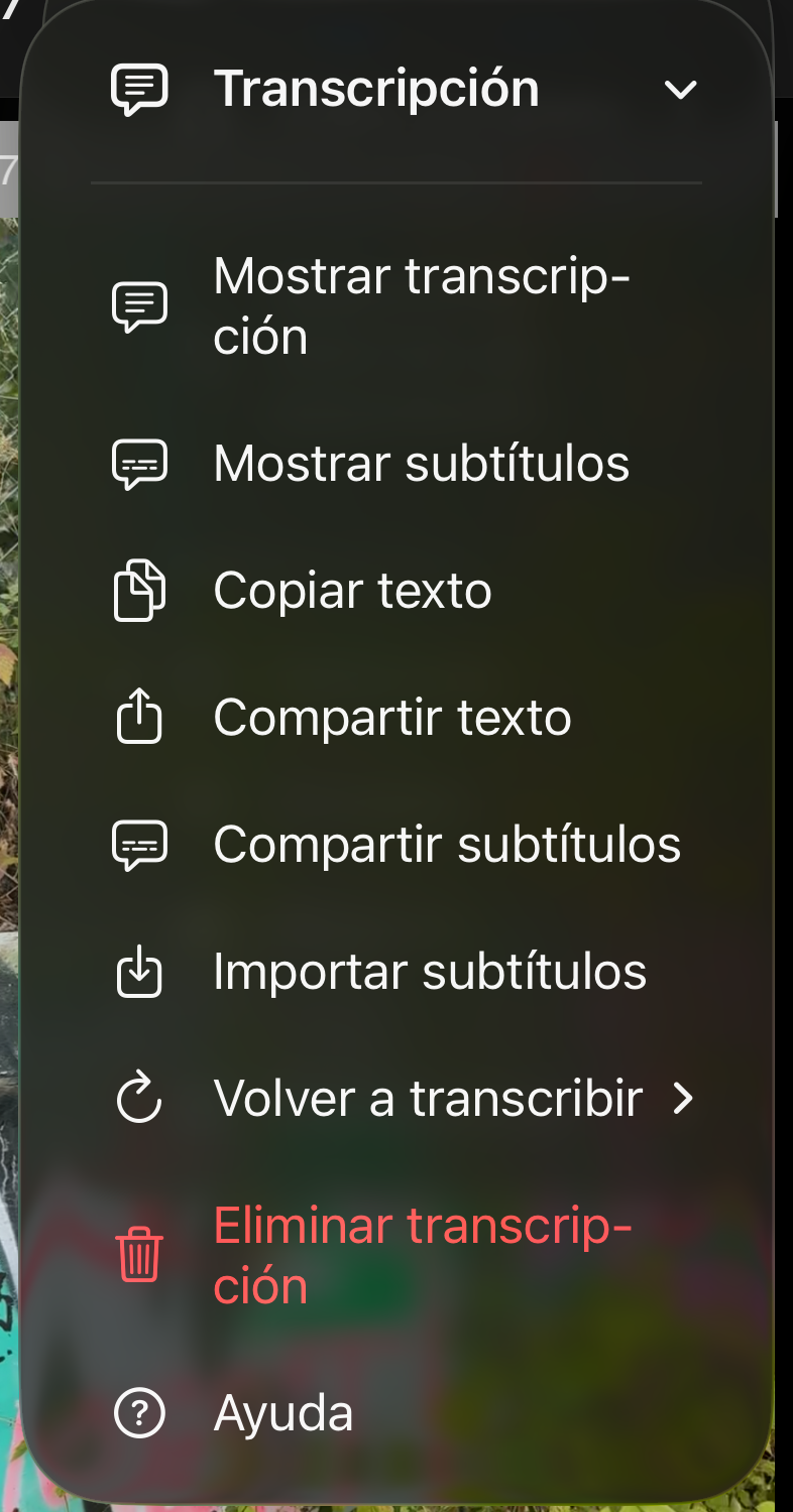 Menú Transcripción con Mostrar transcripción, Mostrar subtítulos, Copiar texto, Compartir texto, Compartir subtítulos, Importar subtítulos, Transcribir de nuevo, Eliminar transcripción y Ayuda