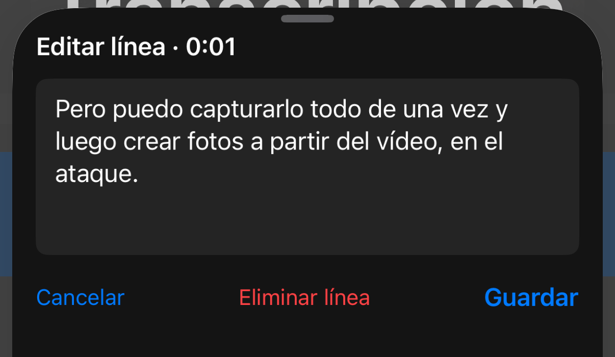 Editor de línea con el texto corregido y las acciones Cancelar, Eliminar línea y Guardar